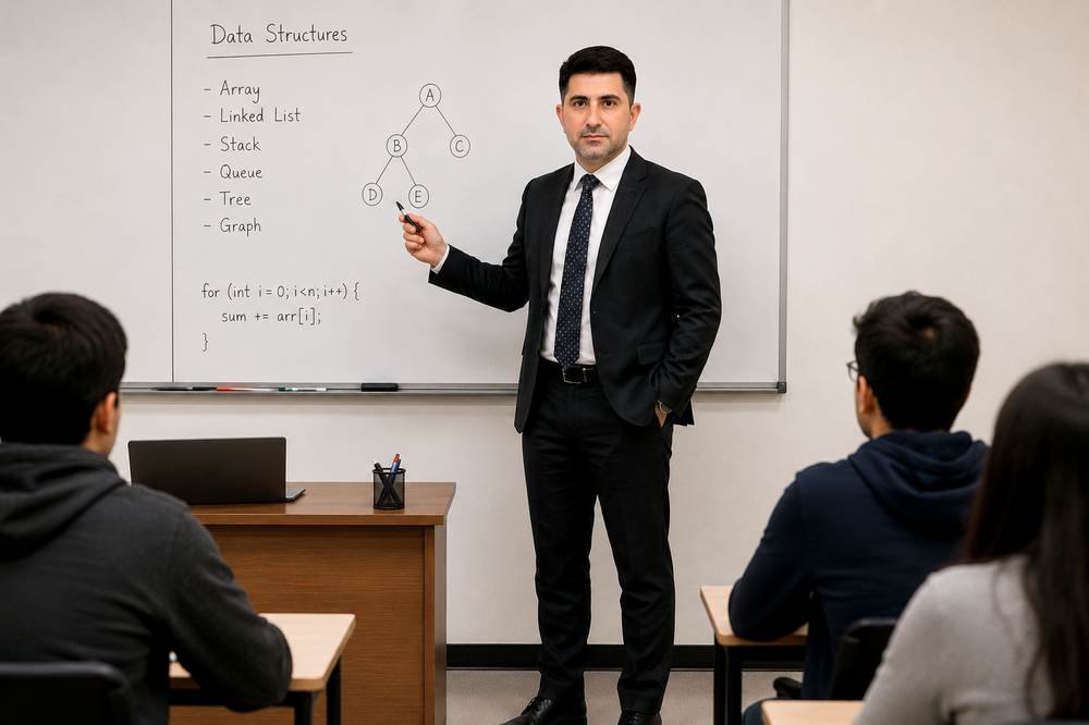 Professor teaching data structures to students